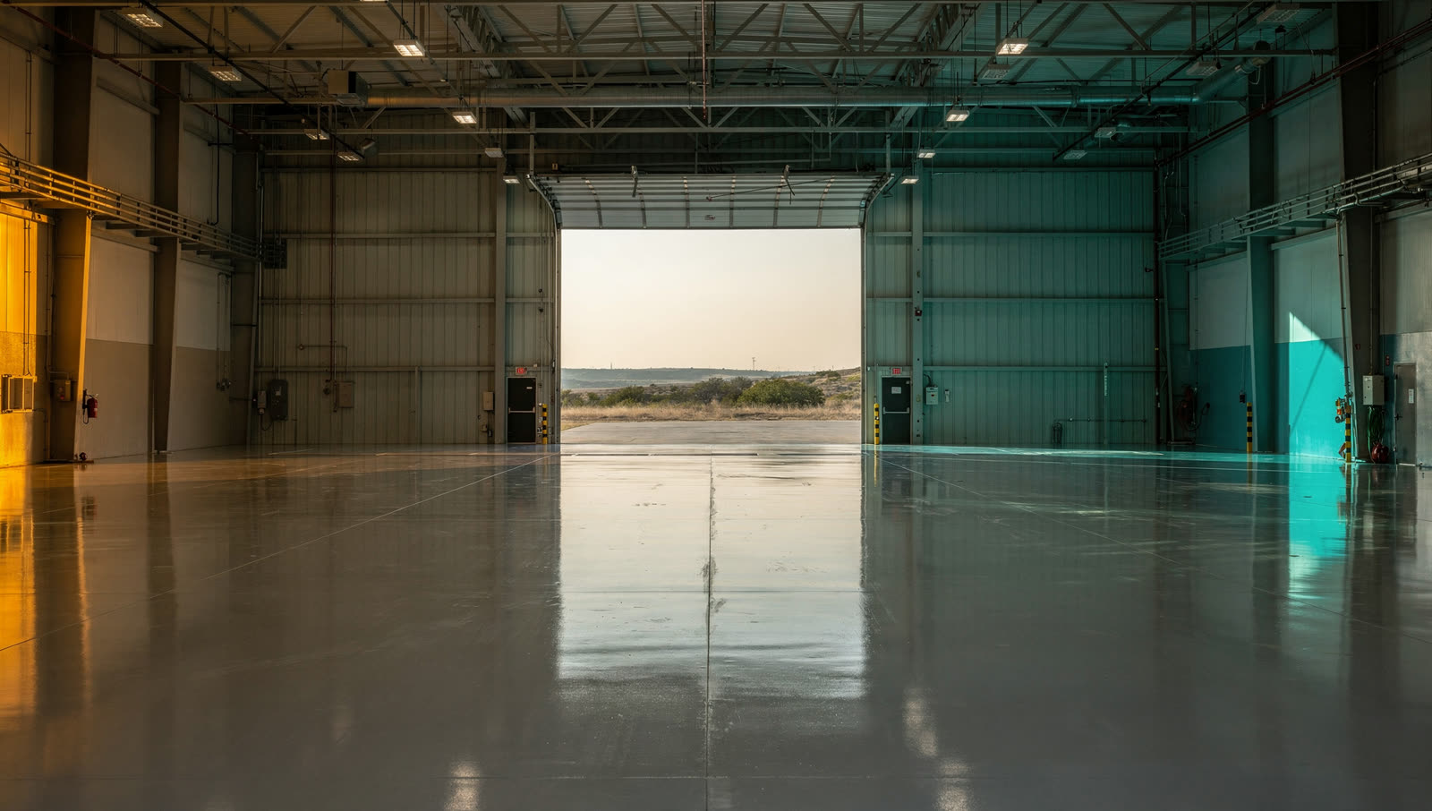 A finished commercial floor in a West Texas aircraft maintenance hangar near an air force base, wide sealed floor, hangar doors open to flat scrubland