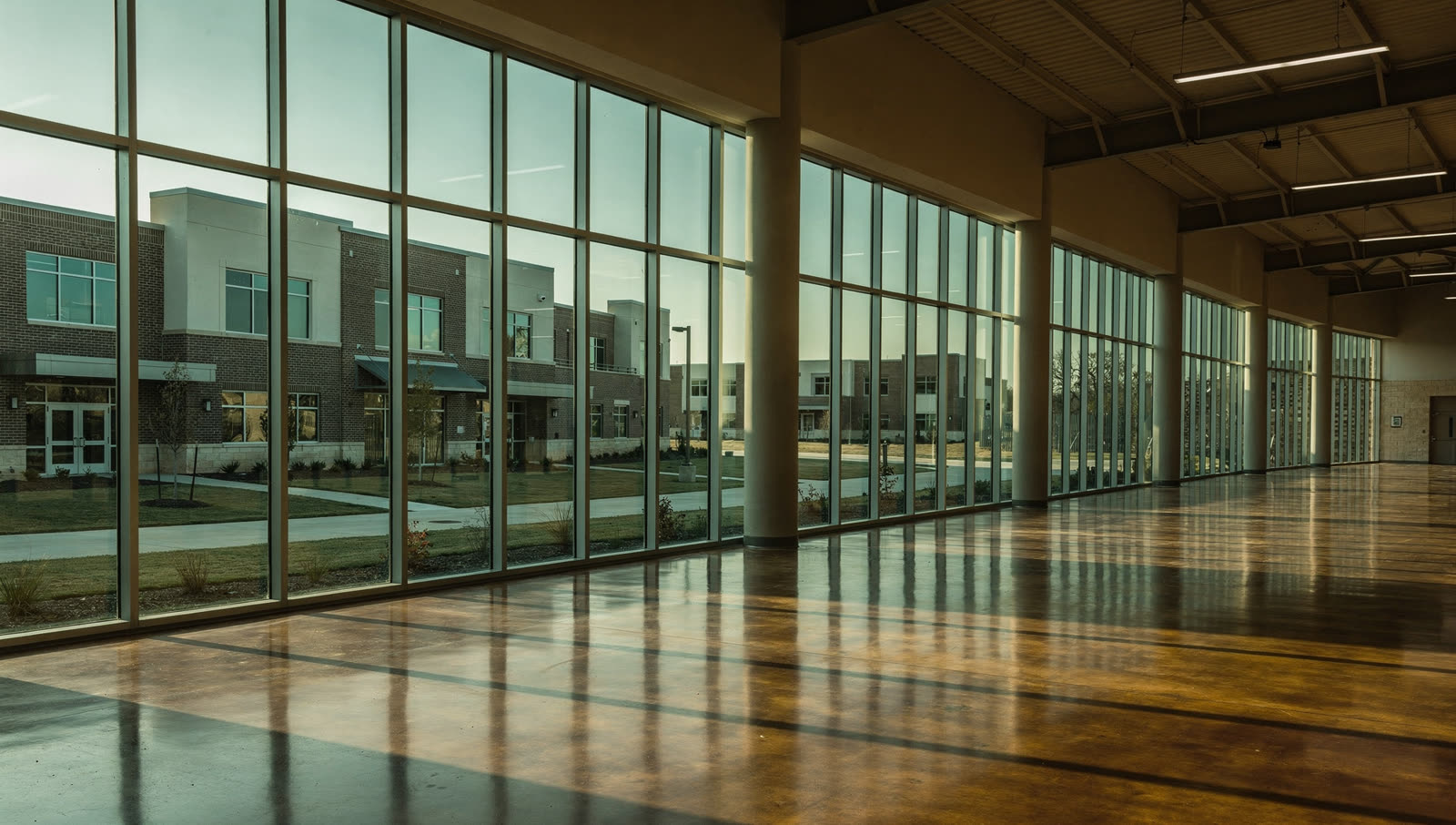 A finished commercial floor in a suburban event and sports complex concourse north of Dallas, long curved glass wall, new brick development outside