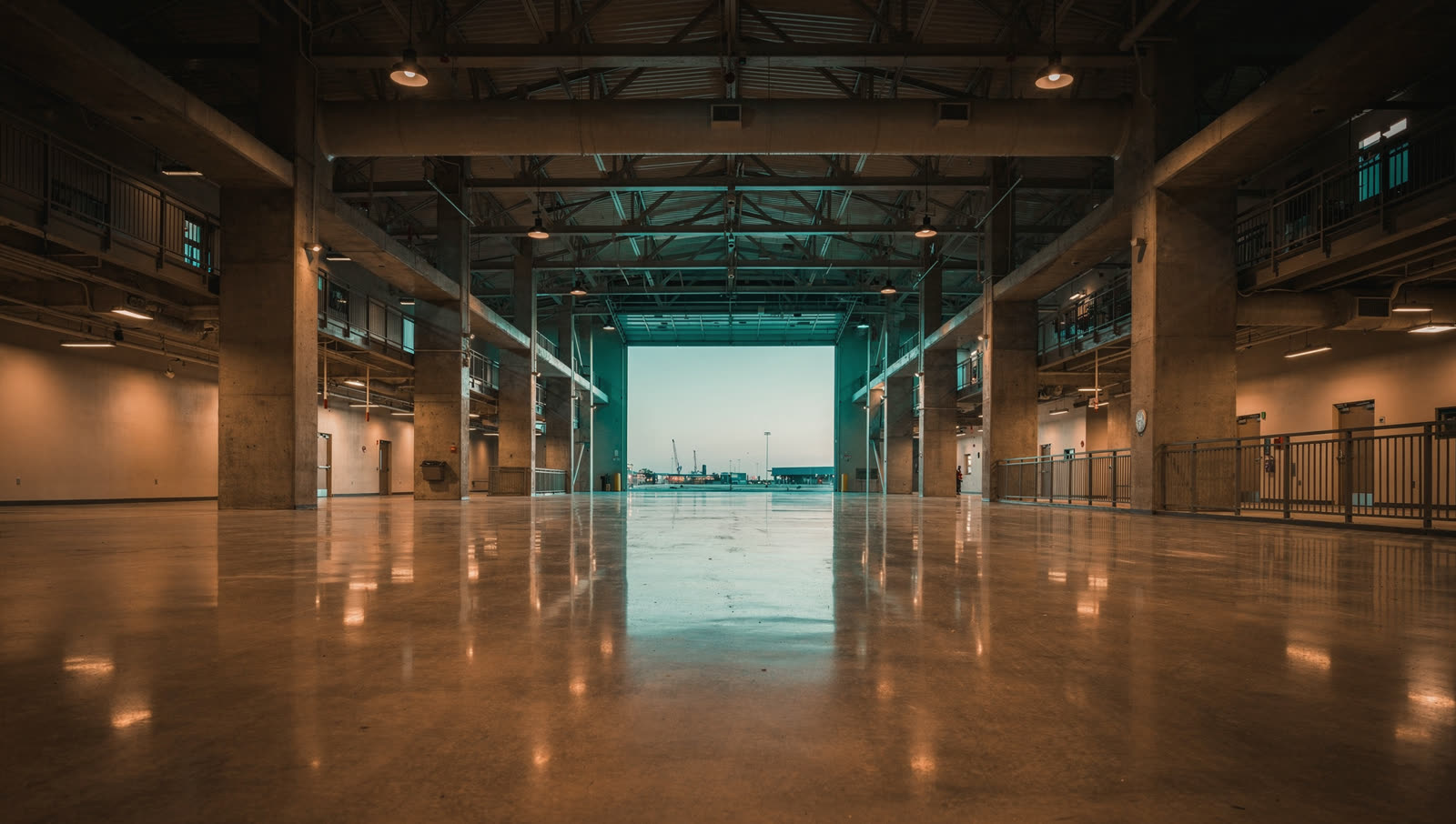 A finished commercial floor in a stadium concourse in the North Texas entertainment district, heavy columns, evening sky through the open portal