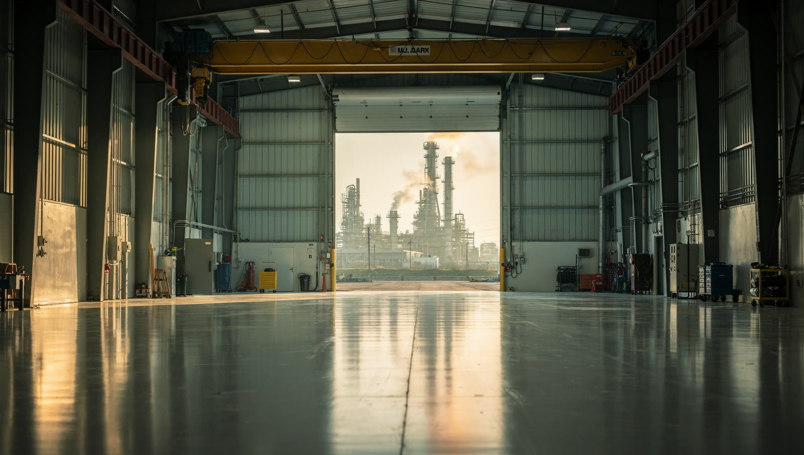 A finished commercial floor in a petrochemical plant maintenance shop on the Houston Ship Channel, overhead crane rail, roll-up door open to distillation columns and steam