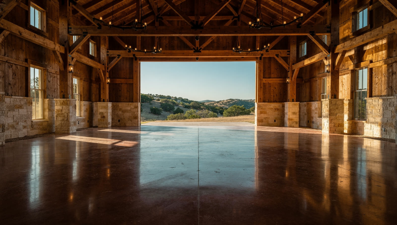 A finished commercial floor in a hill country limestone and heavy timber event barn, tall wood trusses, cedar-covered hills through the open end wall