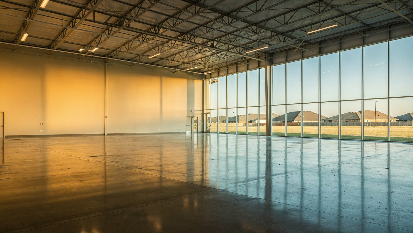 A finished commercial floor in a very large suburban church multipurpose hall northwest of Houston, clean span roof, prairie and new rooftops through the glass