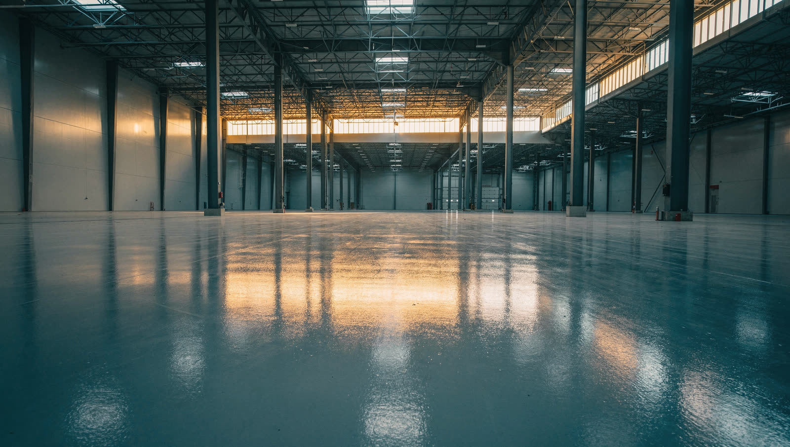 A finished commercial floor in a enormous North Texas metroplex logistics hall, glossy epoxy floor stretching to a distant vanishing point, steel trusses overhead