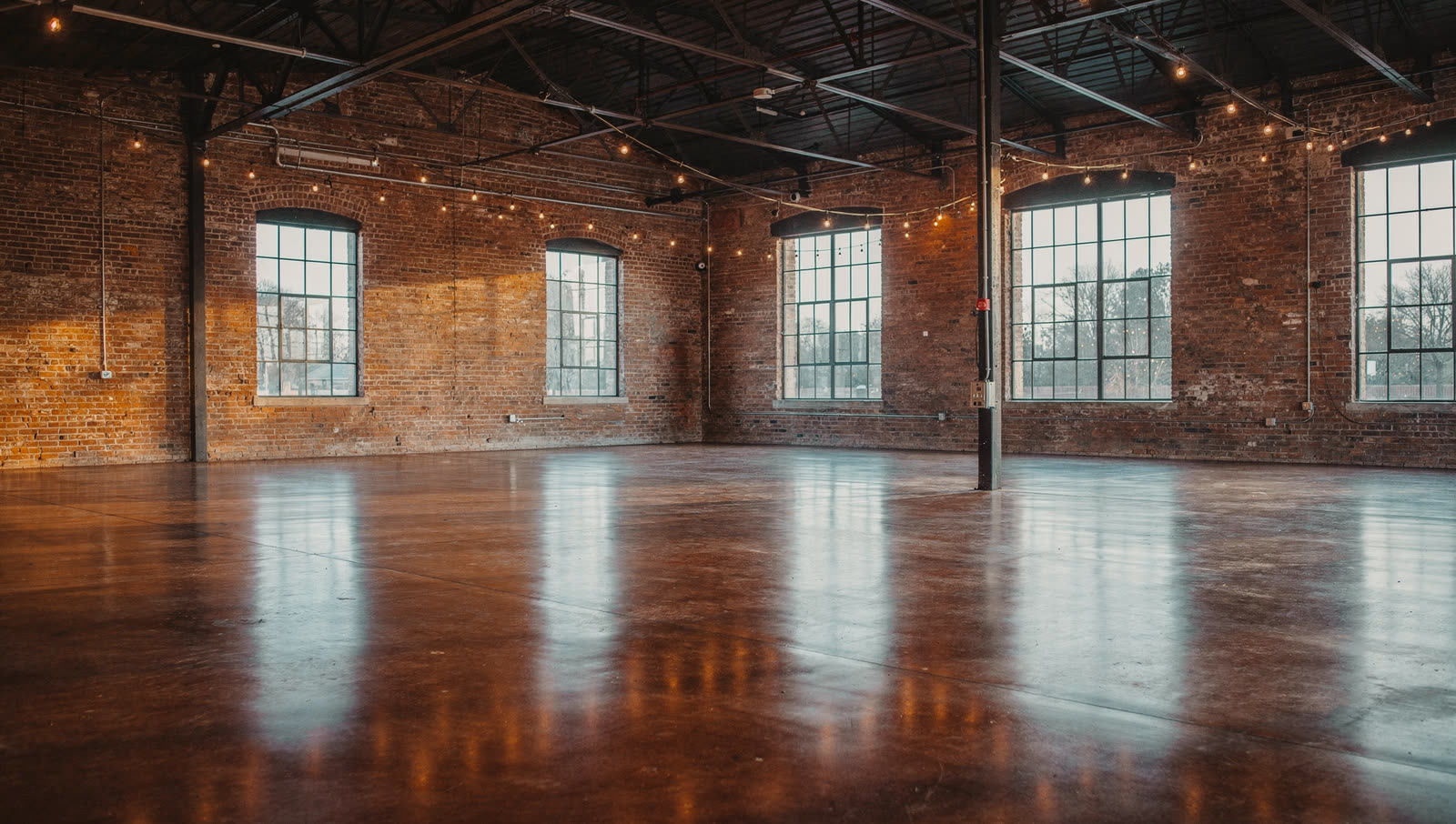 A finished commercial floor in a red brick warehouse turned live music venue near a university courthouse square, iron trusses, string lights