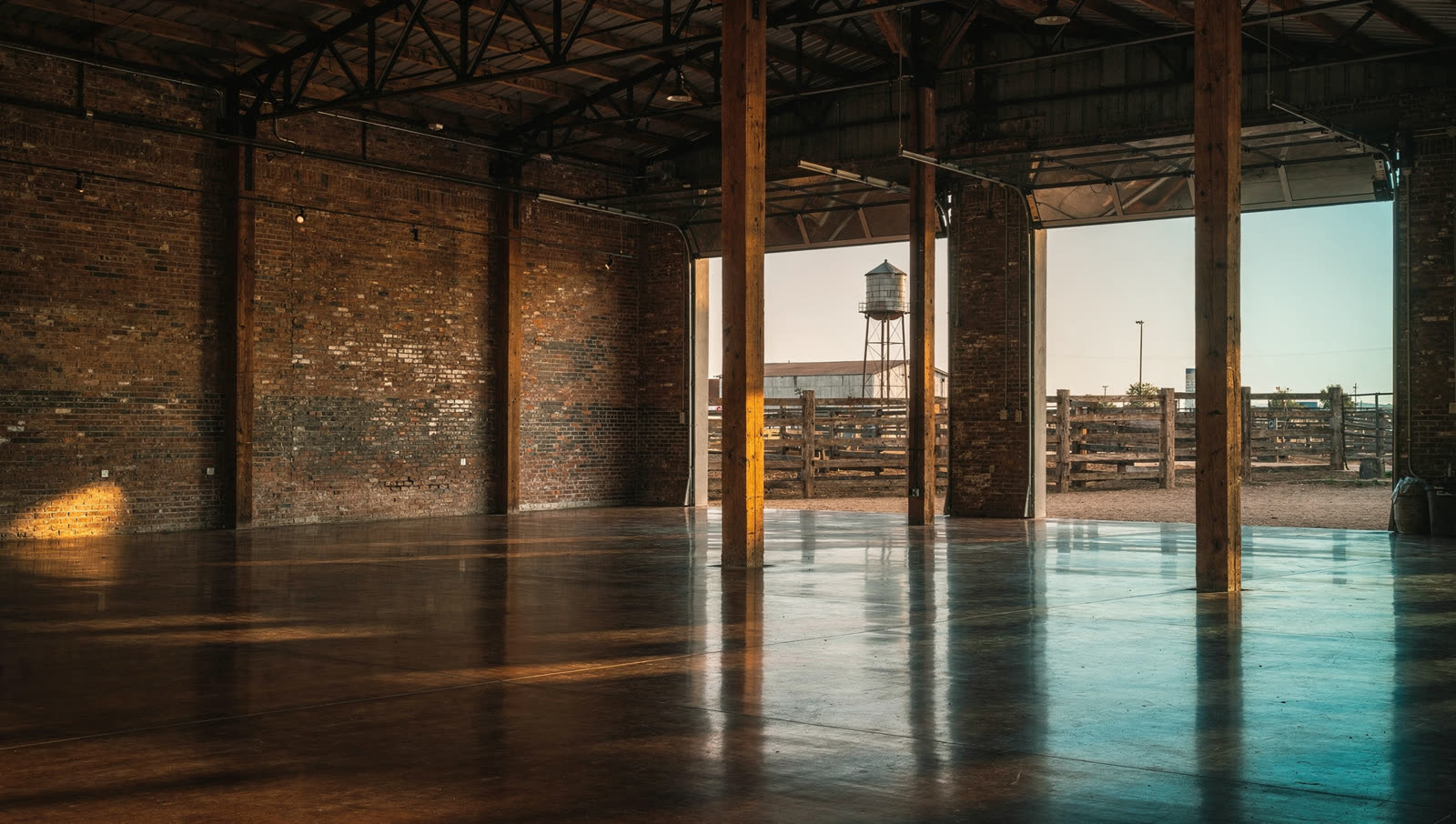 A finished commercial floor in a brick warehouse turned market hall near the historic stockyards, timber posts, cattle pens and water tower beyond