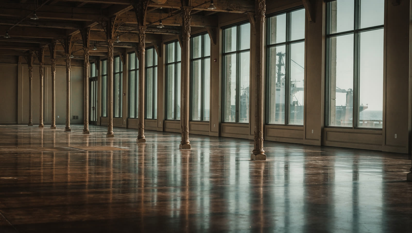 A finished commercial floor in a historic Strand district ground floor with cast-iron columns and tall transom windows, Gulf light and a hint of ship superstructure beyond