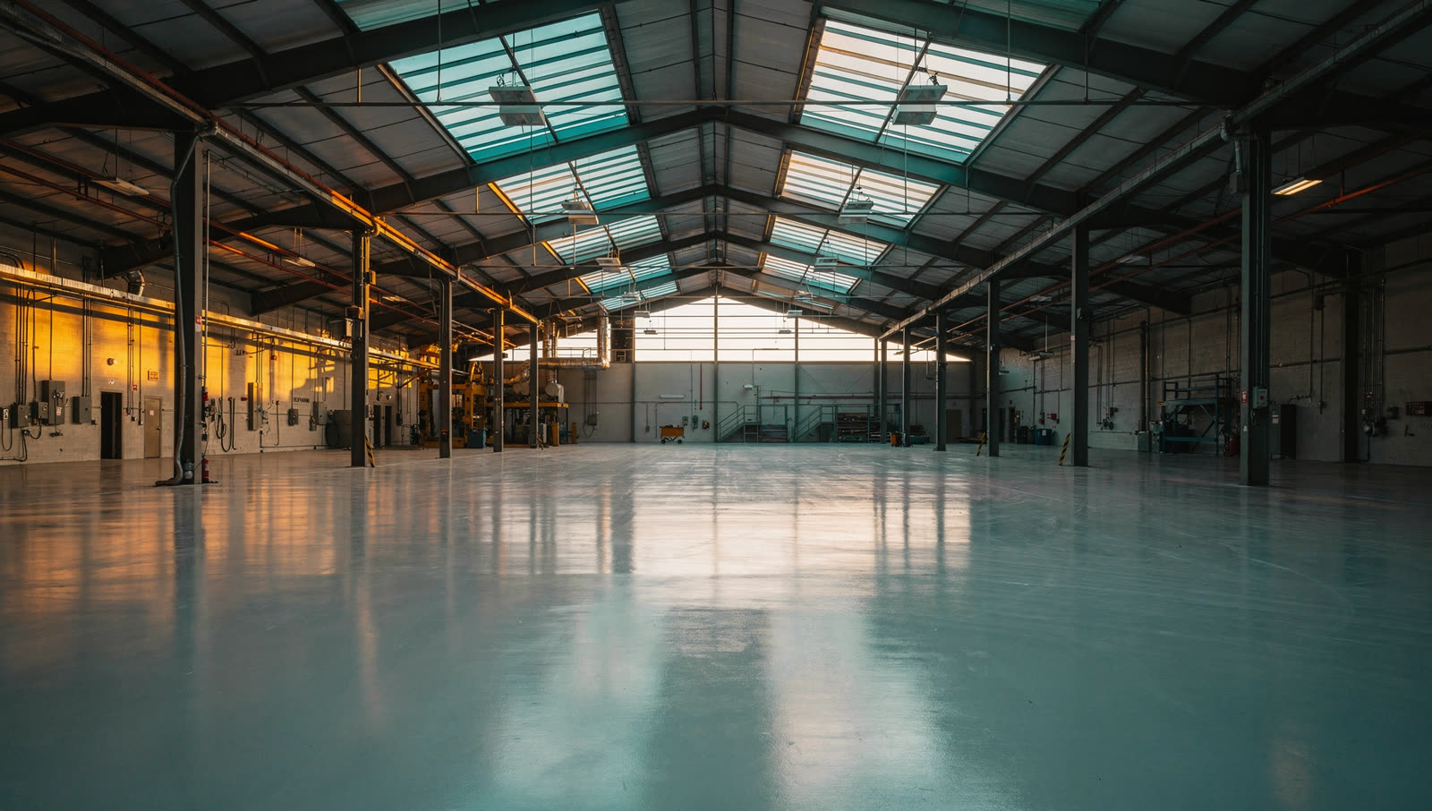 A finished commercial floor in a mid-century manufacturing plant floor in an older Dallas industrial suburb, sawtooth roof monitors overhead