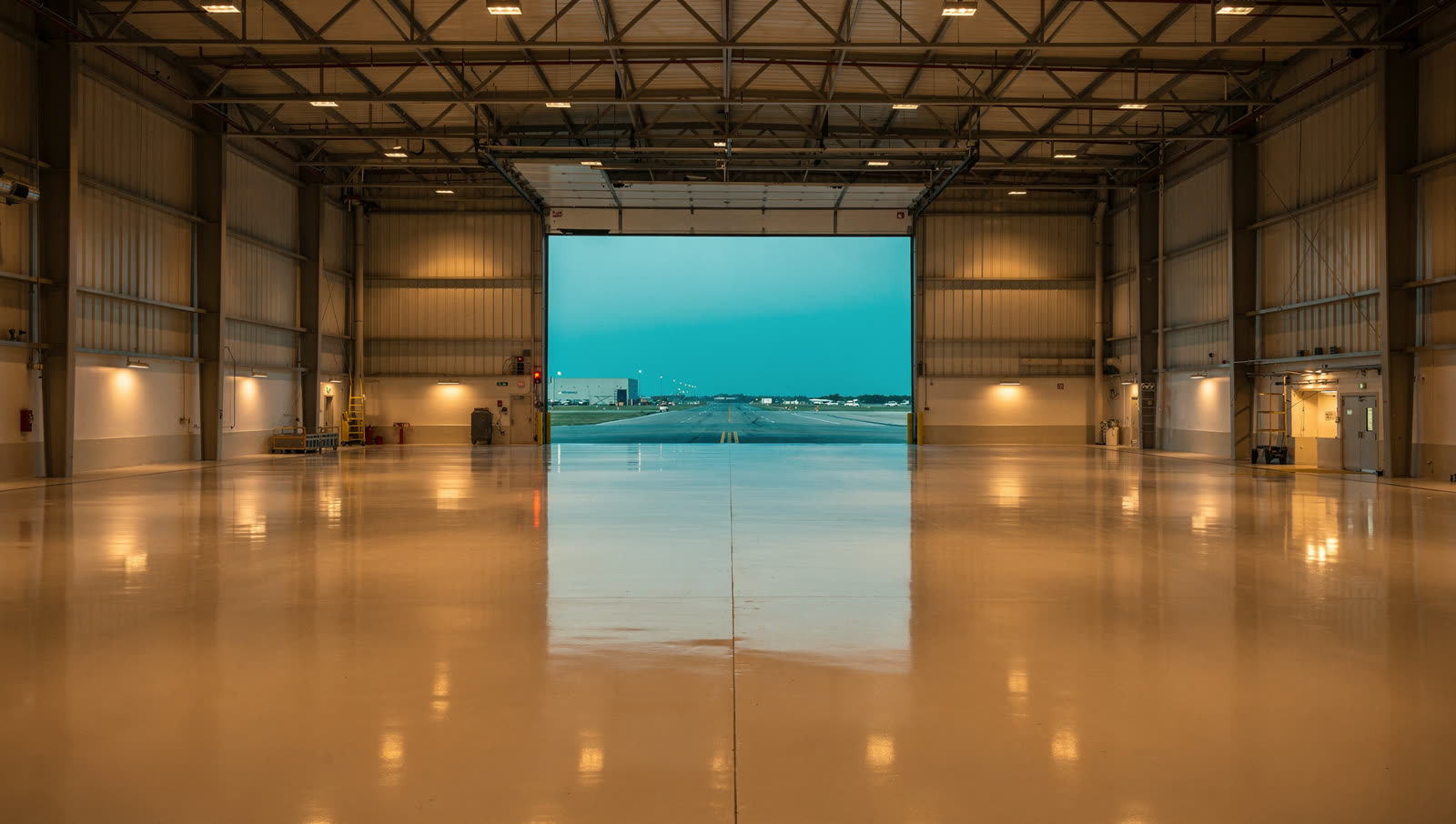 A finished commercial floor in a aviation maintenance hangar between Dallas and Fort Worth, enormous door open to a taxiway at dusk