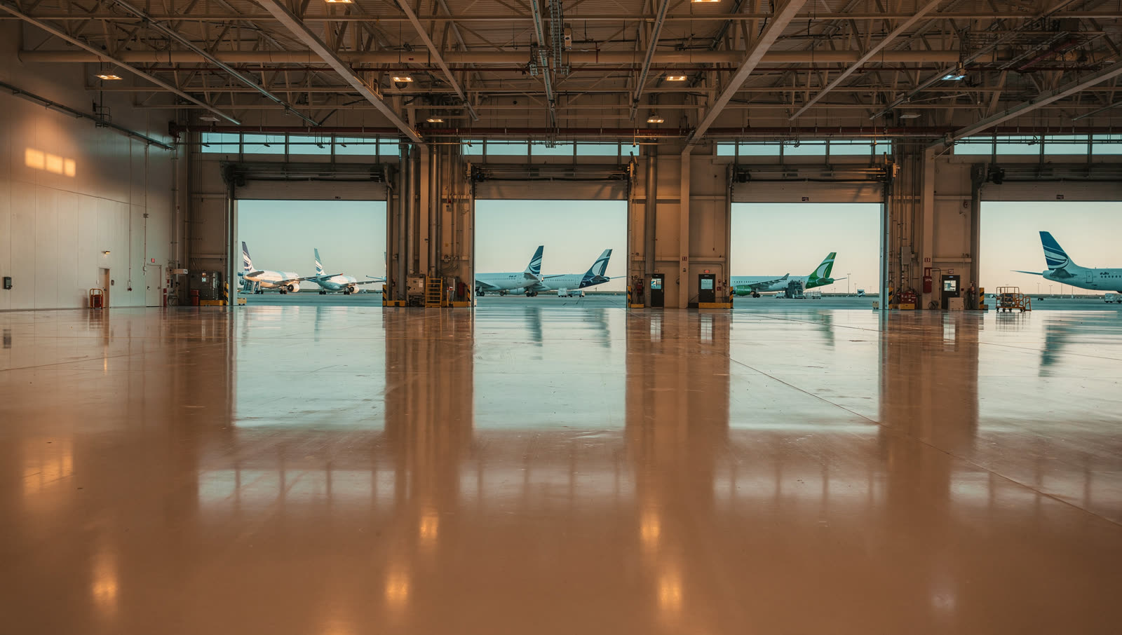 A finished commercial floor in a air freight terminal near a major intercontinental airport, dock doors, tail fins of parked cargo aircraft in the distance