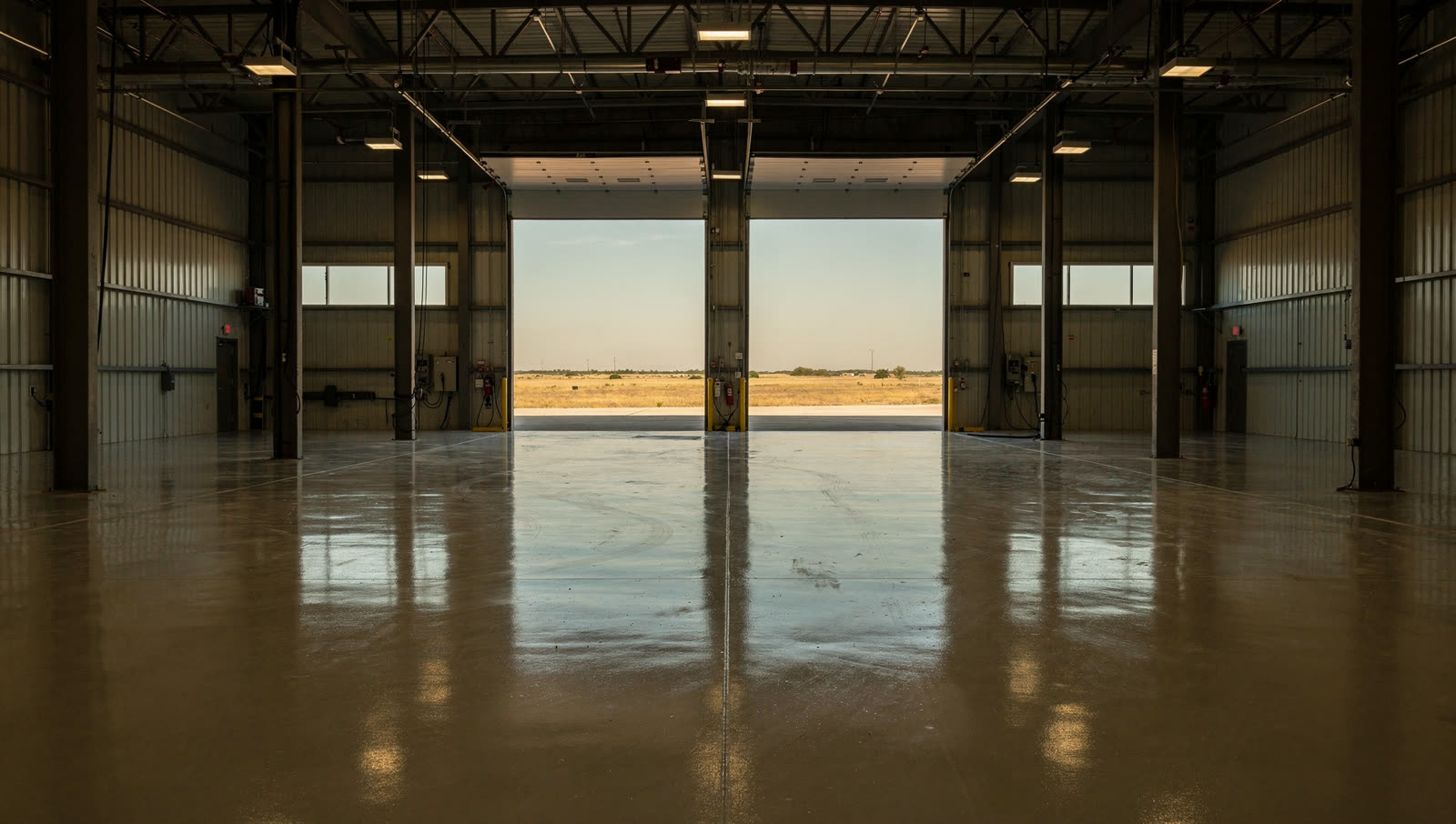 A finished commercial floor in a Central Texas military vehicle maintenance facility, heavy-duty coated floor, wide bay, flat prairie outside