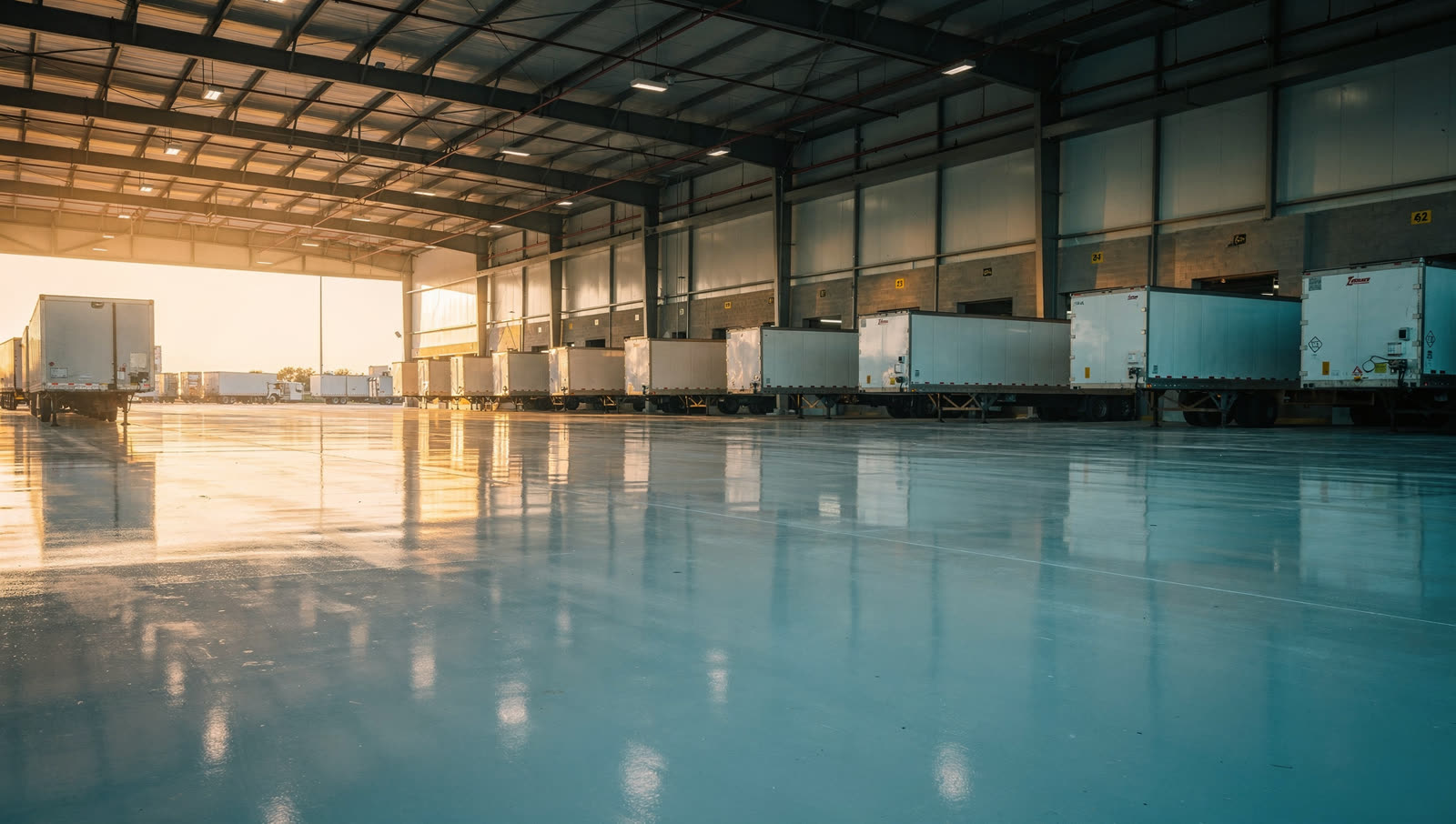 A finished commercial floor in a South Texas cross-border freight terminal floor, long coated slab, loading docks and trailers receding, border trade corridor
