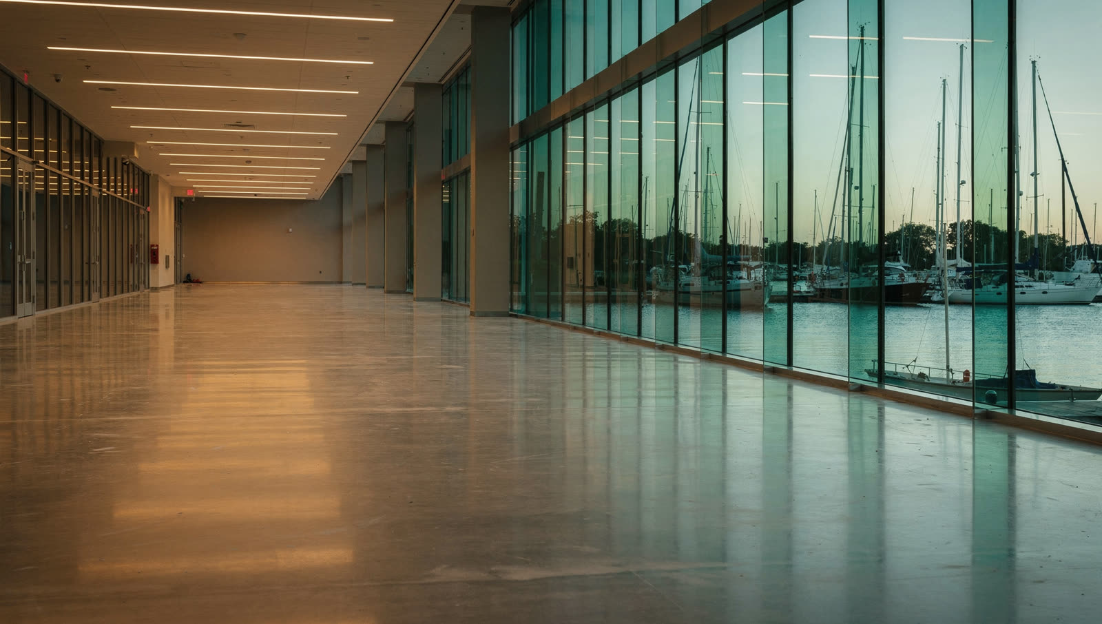 A finished commercial floor in a aerospace campus corridor near Clear Lake, wide sealed floor, sailboat masts in a marina visible through the curtain wall