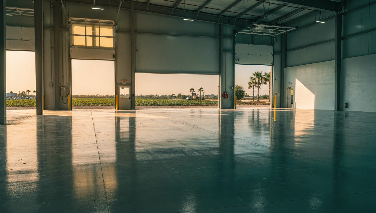 A finished commercial floor in a Rio Grande Valley distribution warehouse near the border, coated floor, palm trees and flat valley farmland outside