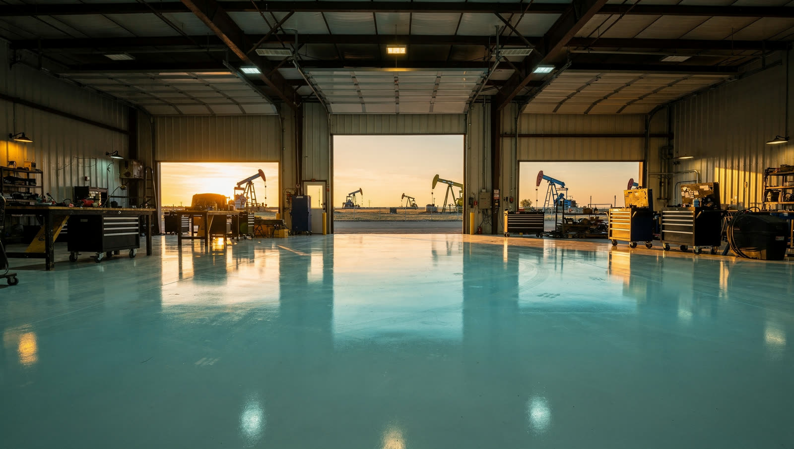 A finished commercial floor in a Permian Basin oilfield service yard workshop in West Texas, chemical-resistant floor, pump jacks on the horizon at golden hour