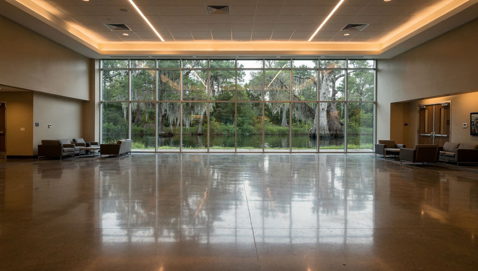A finished commercial floor in a suburban recreation center lobby south of Houston, glass wall onto a bayou greenbelt with cypress