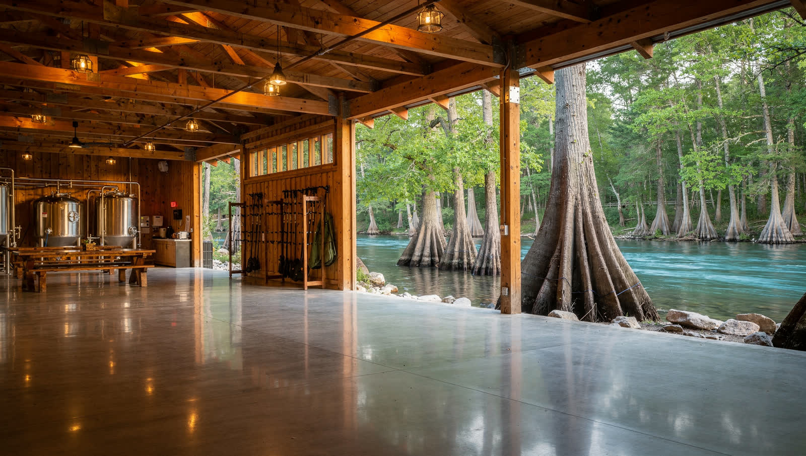 A finished commercial floor in a brewery and river outfitter hall in the Texas hill country, timber roof, bald cypress along a spring-fed river outside