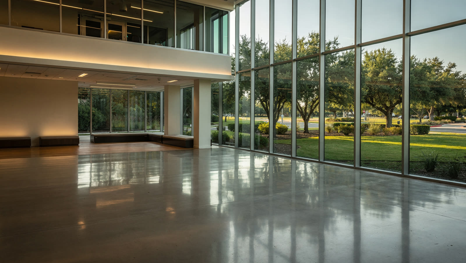 A finished commercial floor in a corporate campus commons in a legacy North Texas office park, double-height glass, mature landscaping outside