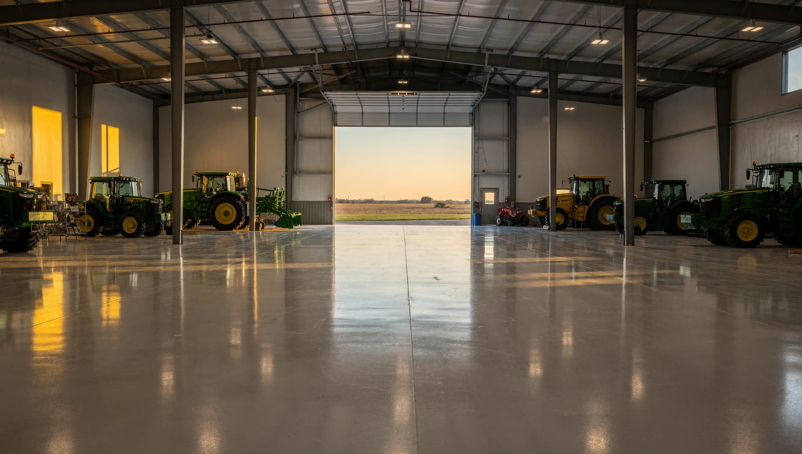 A finished commercial floor in a agricultural equipment dealership showroom in the Brazos river bottom, wide roll-up door open to flat farmland