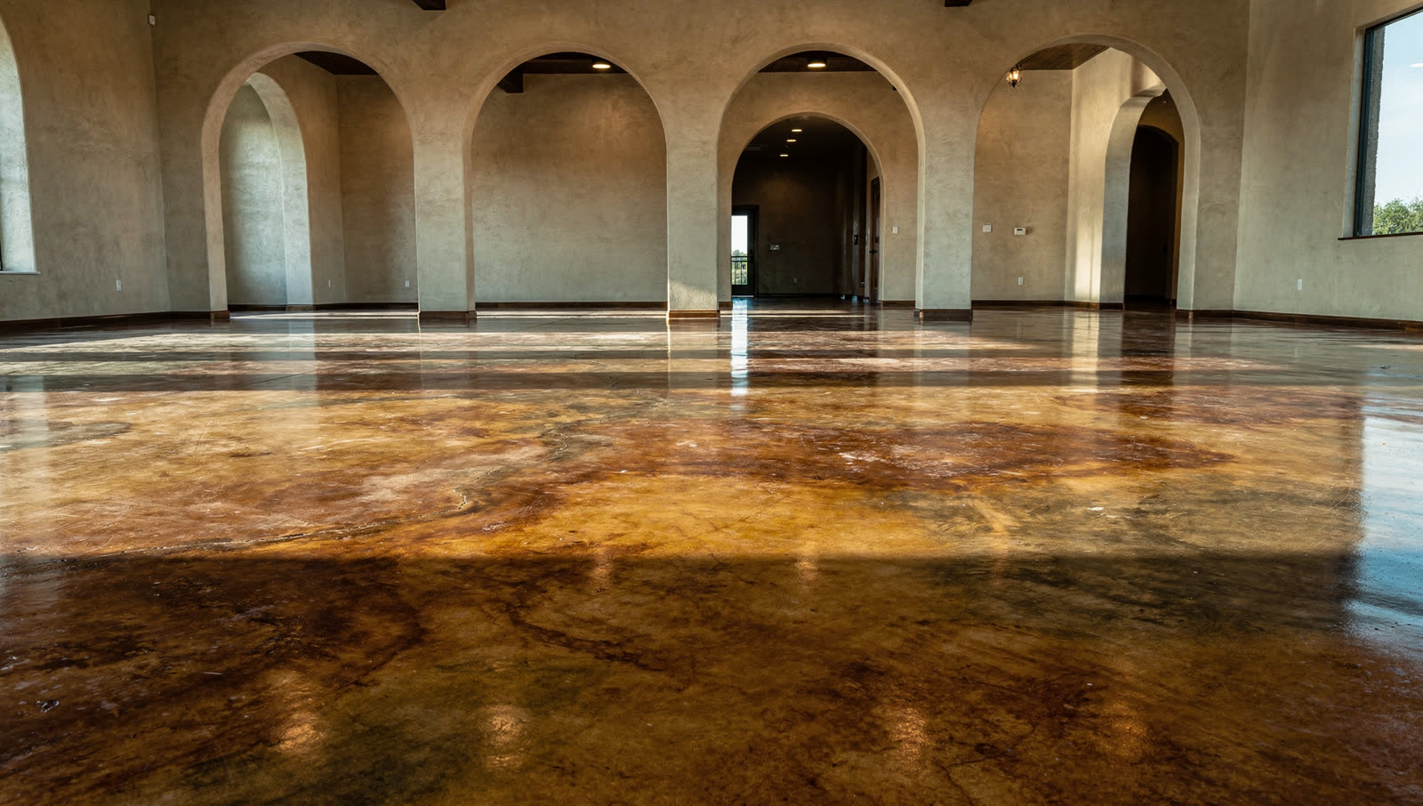 A finished commercial floor in a South Texas showroom floor with decorative acid-stained concrete in warm earth tones, arched openings, hill country light