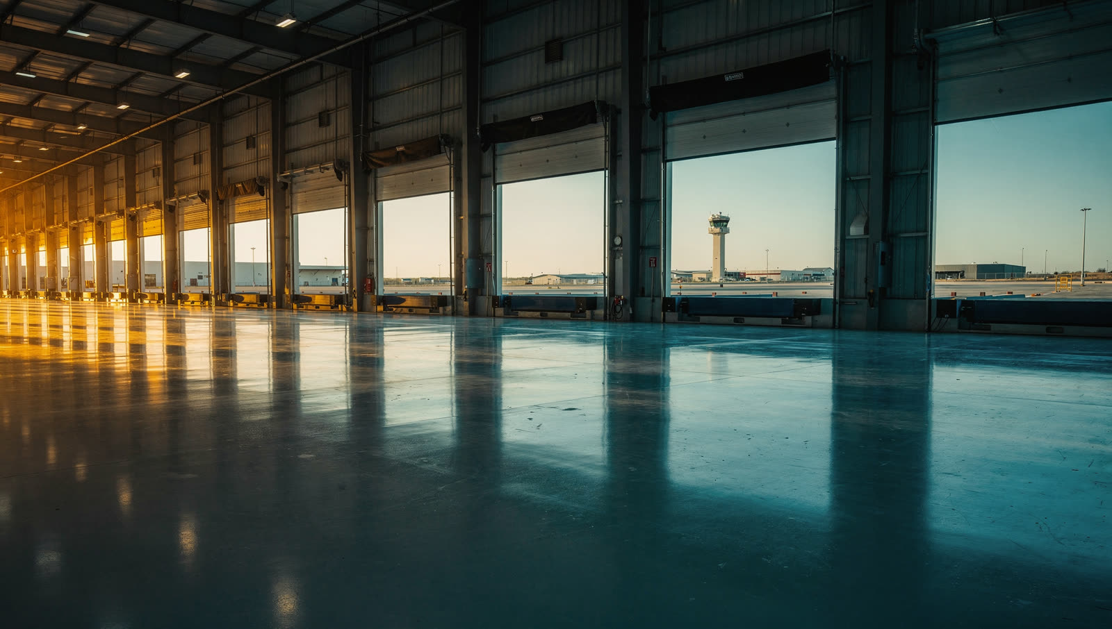 A finished commercial floor in a logistics warehouse northeast of San Antonio near an air force base, long dock line, wide sky and a distant control tower