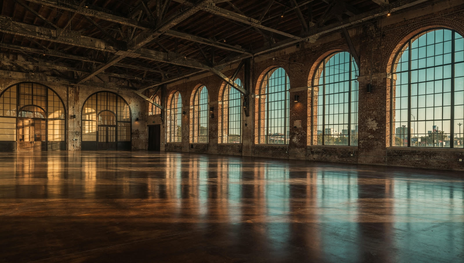 A finished commercial floor in a converted red brick sugar refinery turned event hall, tall arched industrial windows, exposed riveted steel overhead