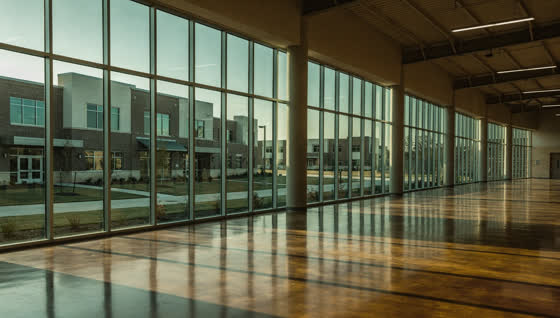 A finished commercial floor in a suburban event and sports complex concourse north of Dallas, long curved glass wall, new brick development outside