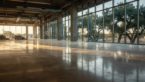 A finished commercial floor in a bright open-plan tech office ground floor under construction in Central Texas, polished concrete slab, glass curtain wall, live oaks outside