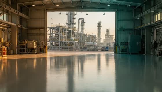 A finished commercial floor in a Gulf Coast petrochemical refinery maintenance building, chemical-resistant coated floor, pipe racks and distillation towers through the doorway