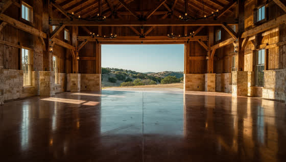 A finished commercial floor in a hill country limestone and heavy timber event barn, tall wood trusses, cedar-covered hills through the open end wall