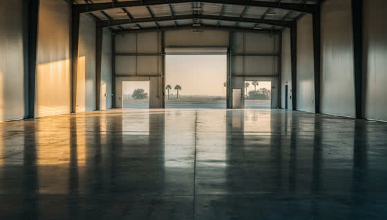 A finished commercial floor in a Rio Grande Valley light-industrial bay at the southern tip of Texas, coated slab, palm silhouettes and flat coastal plain outside