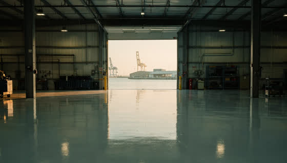 A finished commercial floor in a Gulf Coast port-side industrial workshop, coated floor, bay water and dock cranes visible through the open bay door