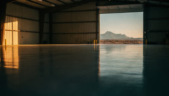 A finished commercial floor in a Chihuahuan Desert warehouse in far West Texas, UV-hardened floor coating, harsh desert sun, Franklin Mountains through the opening