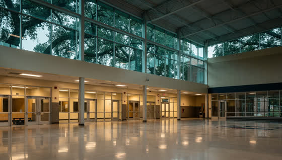 A finished commercial floor in a suburban high school commons and gym lobby, clerestory light, mature live oaks outside