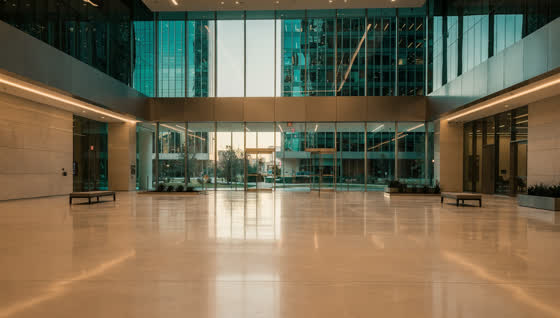 A finished commercial floor in a corporate headquarters lobby in a brand new North Texas development, mirror glass towers rising outside