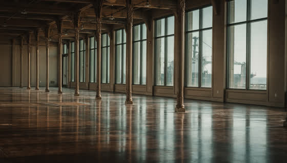 A finished commercial floor in a historic Strand district ground floor with cast-iron columns and tall transom windows, Gulf light and a hint of ship superstructure beyond