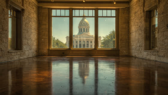 A finished commercial floor in a limestone Victorian storefront ground floor on a Central Texas courthouse square, tall transom glass, courthouse dome beyond