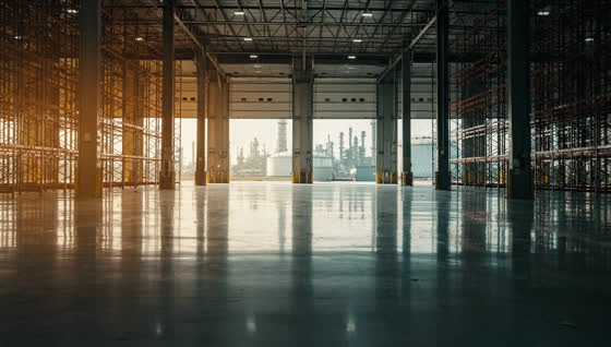 A finished commercial floor in a vast modern distribution warehouse on the Gulf Coast, racking receding into depth, roll-up doors open to a hazy petrochemical skyline