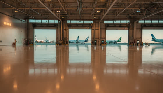 A finished commercial floor in a air freight terminal near a major intercontinental airport, dock doors, tail fins of parked cargo aircraft in the distance