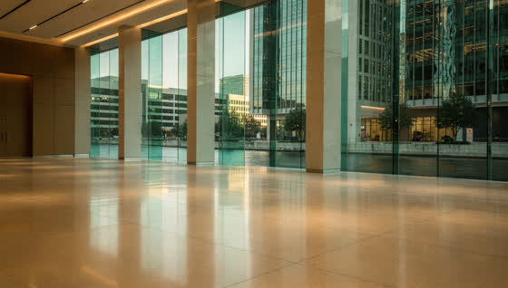 A finished commercial floor in a corporate tower lobby in a canal-lined office district, polished stone piers, water and glass towers outside