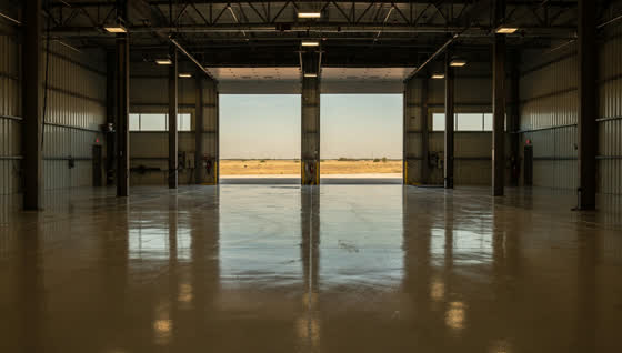 A finished commercial floor in a Central Texas military vehicle maintenance facility, heavy-duty coated floor, wide bay, flat prairie outside