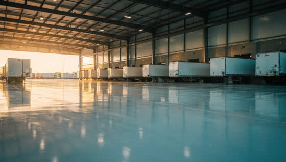 A finished commercial floor in a South Texas cross-border freight terminal floor, long coated slab, loading docks and trailers receding, border trade corridor