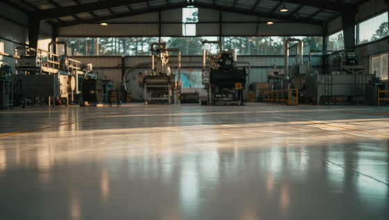 A finished commercial floor in a East Texas manufacturing plant floor among pine timber country, industrial coating, machinery in soft focus
