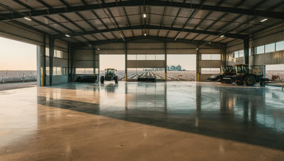 A finished commercial floor in a South Plains agricultural equipment building on the Llano Estacado, sealed concrete, cotton fields and grain elevators beyond