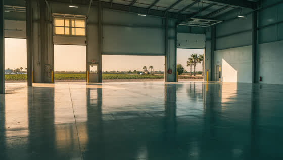 A finished commercial floor in a Rio Grande Valley distribution warehouse near the border, coated floor, palm trees and flat valley farmland outside