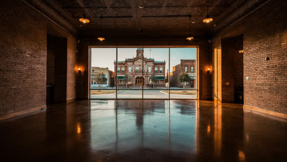 A finished commercial floor in a restored red brick building on a Victorian courthouse square, pressed tin ceiling, square and courthouse through the front glass