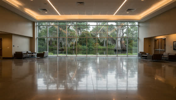 A finished commercial floor in a suburban recreation center lobby south of Houston, glass wall onto a bayou greenbelt with cypress