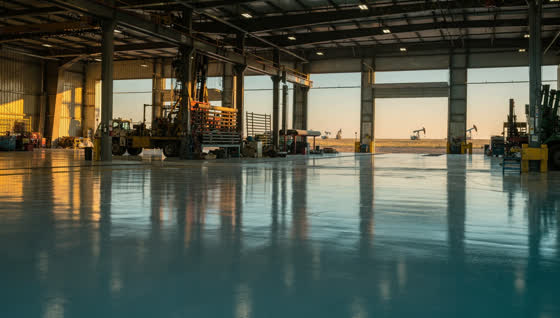 A finished commercial floor in a Permian Basin heavy equipment shop floor, oil-resistant coating, drilling rigs and flat West Texas plain beyond