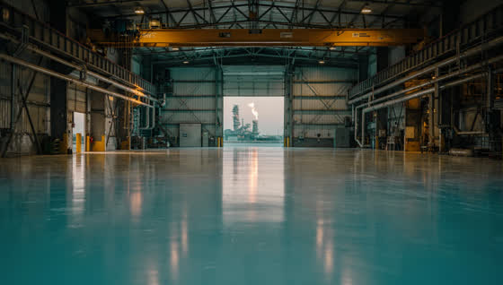A finished commercial floor in a heavy industrial fabrication shop beside a refinery, overhead crane, tall bay door framing distant flare stacks