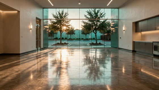 A finished commercial floor in a modern medical office ground floor in a fast-growing south Houston suburb, glass entry, young oaks in a new parking court
