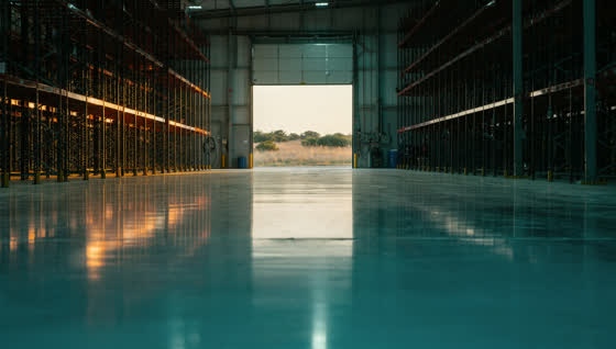 A finished commercial floor in a new distribution warehouse on the northeast Austin edge, racking receding into depth, blackland prairie through the dock door